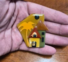 Vintage House Pins by Lucinda Green Home Palm Tree & Moon in Sky Pin / Brooch