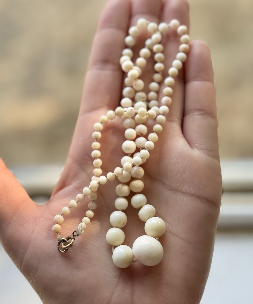 Antique Angel Skin Coral Graduated Beaded Knotted 23” Necklace GF Clasp