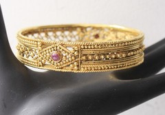 Indian Ornate Gold Tone Bangle Bracelet Hand Made w/ Natural Ruby Stones