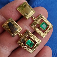 Original EARTH MINED EMERALD Deco Design Earrings Vintage Style Dangles 14K GOLD