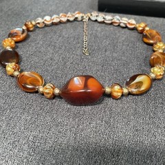 Vintage Napier Geometric Multi Color Agate Stone & Gold Tone Beads Necklace 18″