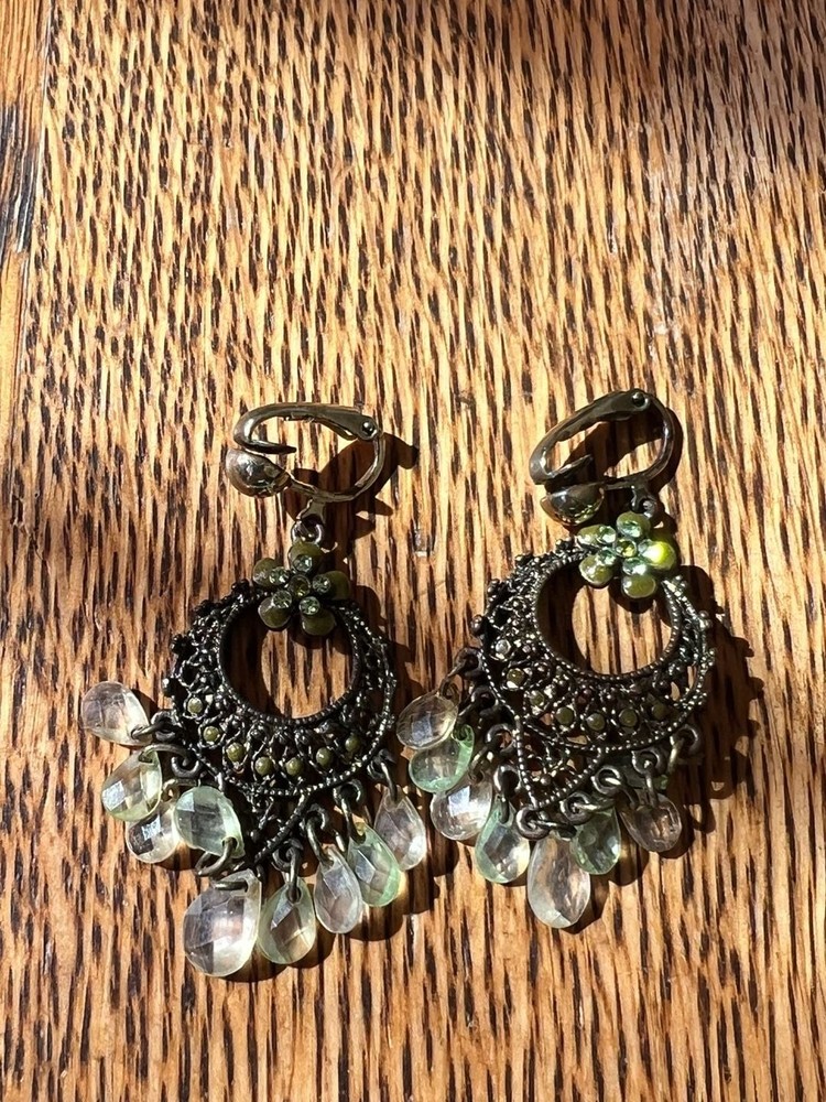 Lia Sophia Vintage Antique Gold Tone Chandelier Clip-On Earrings with Green Crys