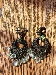Lia Sophia Vintage Antique Gold Tone Chandelier Clip-On Earrings with Green Crys