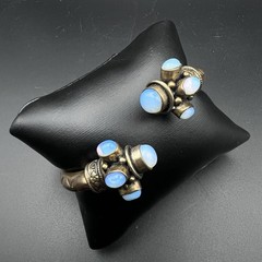 Vintage Brass Open Bangle Cuff Bracelet Blue Opalite Cabochons Boho Tribal