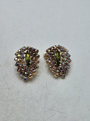 Vintage Olive Marquis & Aurora Borealis Rhinestone Brooch And Earrings Demi…