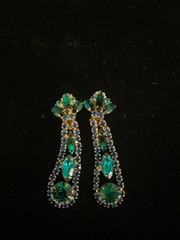 Vintage Rhinestone Clip on Dangle Earrings Beautiful Blue Green
