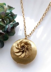 WWII 1940s Locket Necklace Russian Gold Picture Locket Brushed Goldtone Rose