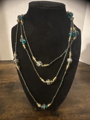 Vintage 56″ Teal & Amber Art Glass Lampwork Bead Long Strand Flapper Necklace