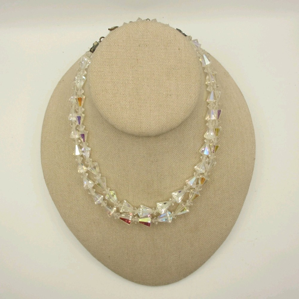 Vintage AB Rhinestone Necklace 2 Strand Choker Collar 15 Inch