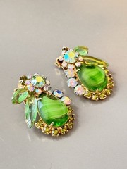 Vintage Verified JULIANA D&E BOOK SET Green Striped Crest Brooch & Earring Set