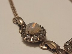 Vintage Faux Fire Opal Cabochon Clear Rhinestone Necklace Drop Pendant 15.5″