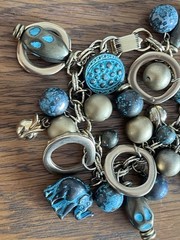Vintage Charm Bracelet Blue Goldtone Elephant Beads Signed Roxsann
