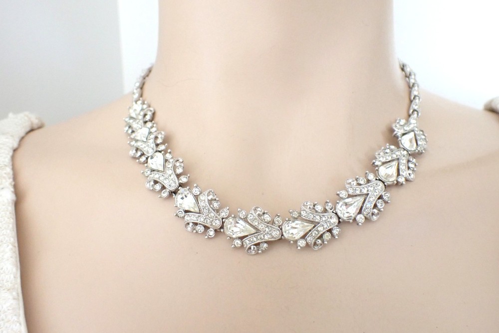 Vintage Signed Ora Art Deco Clear Rhinestone Necklace Rhodium Plated 1940s