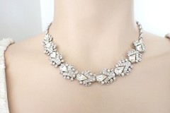 Vintage Signed Ora Art Deco Clear Rhinestone Necklace Rhodium Plated 1940s