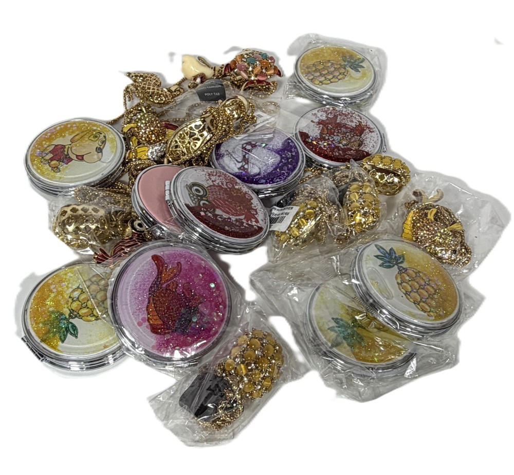 Mixed Jewelry Lot Bundle Large Pendant Necklaces Floating Glitter Compacts Bling
