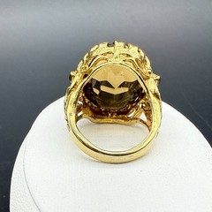 18K HGE Gold Tone Oval Faceted Brown Smoky Quartz Ornate Cocktail Ring Sz 4.75