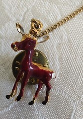 Vintage 1970s Christmas Enamel Santa & Reindeer Push Back Pins On Chain