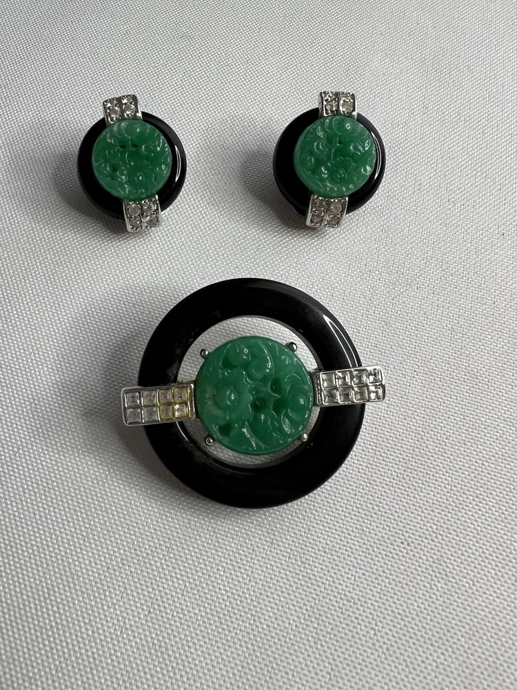 KJL Kenneth Jay Lane Art Deco Faux Jade Brooch & Earrings Set