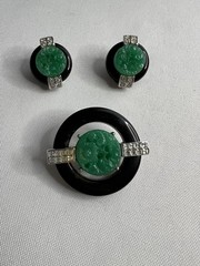 KJL Kenneth Jay Lane Art Deco Faux Jade Brooch & Earrings Set