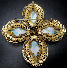 SCHREINER Amazing Turquoise Blue Faux Coral & Pearl Cross Vintage Pin Pendant