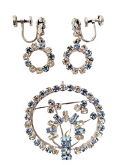 D’Or Sterling Silver Brooch Pendant & Earrings w/rhinestones & aquamarine