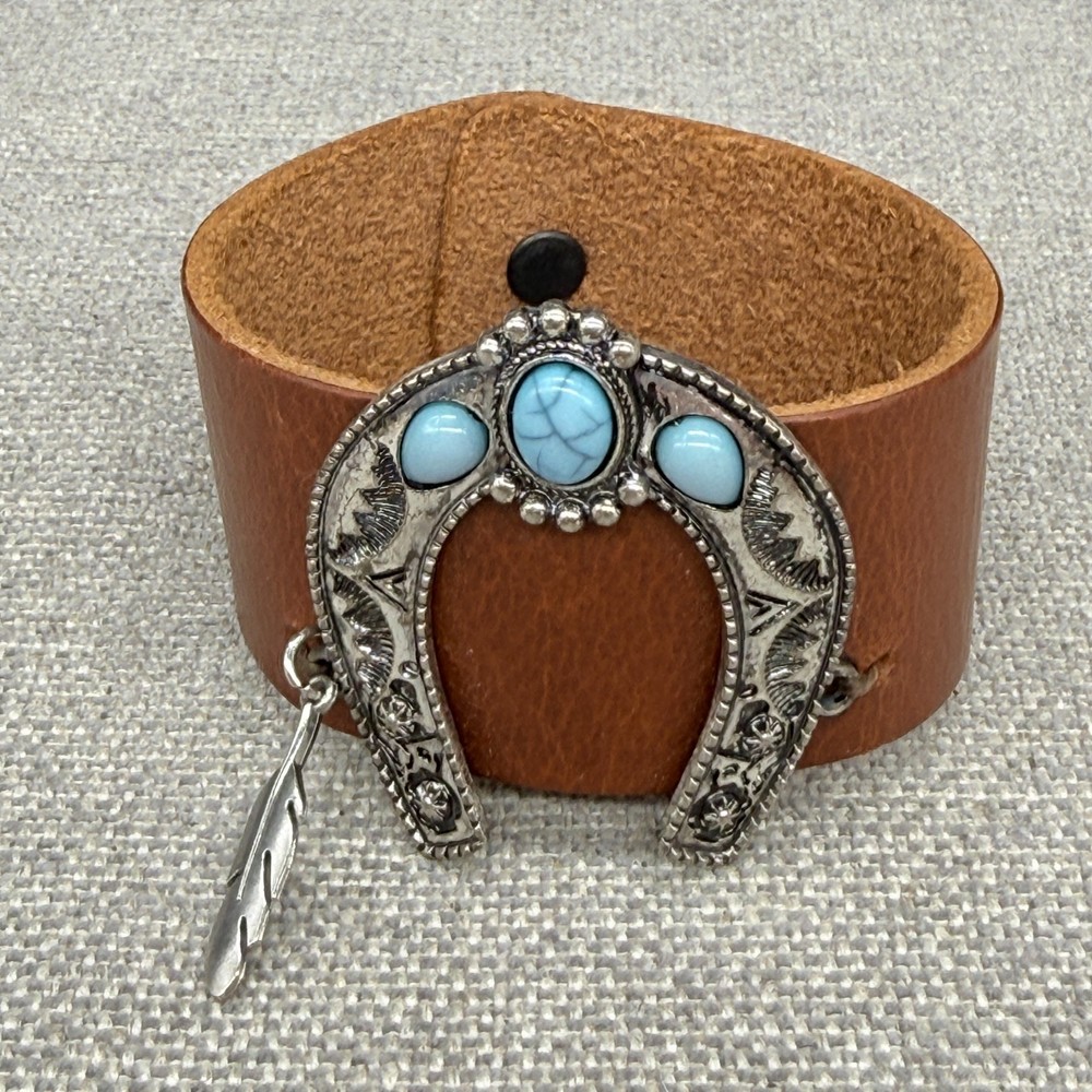 Cuff Bracelet Wide Brown Leather Southwestern Horseshoe Blue Stone