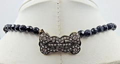 Estate LaVintage Black Faceted Glass Beaded Collar Length Necklace Ornate Clasp