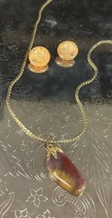 Vintage Eggplant Figural Pendant Necklace Earrings Set Agate Look Stone