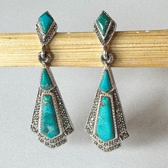 Vintage 925 Sterling Silver Marcasite Mixed Blue Turquoise Earrings Drop 4.5 cm