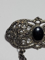 Vintage Style Ornate Metal Brooch Pin Black Agate Onyx Stone Chains Gothic…