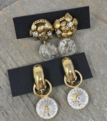 2 Pairs Vintage Gold Tone & Clear Rhinestone Clip-on Earrings Dangle Drop Style