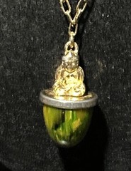 Vintage 30g Green Yellow Tested Bakelite Buddha Fob Pendant French 32” Necklace