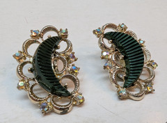 SET OF 2 Vintage Earrings Crescent Moons Aurora Borealis Glass Stone Gold Tone