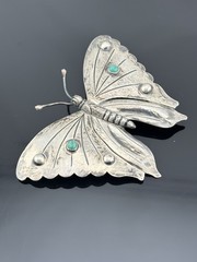 BIG Vtg Sterling Silver Butterfly Brooch Mexico Turquoise Stones 3.25″ Insect