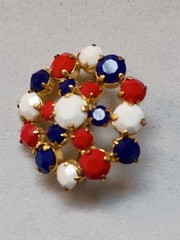 Vintage Red, White, Blue Faceted Glass Bead Prong Set Brooch US Patriotic