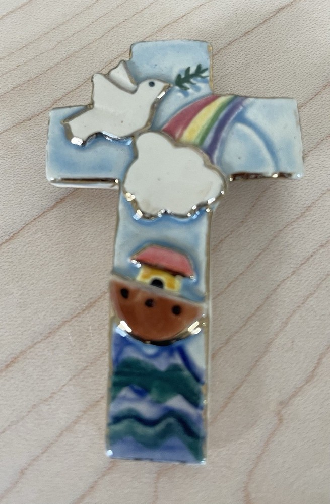 Vintage Noah’s Ark Ceramic Cross Brooch Pin