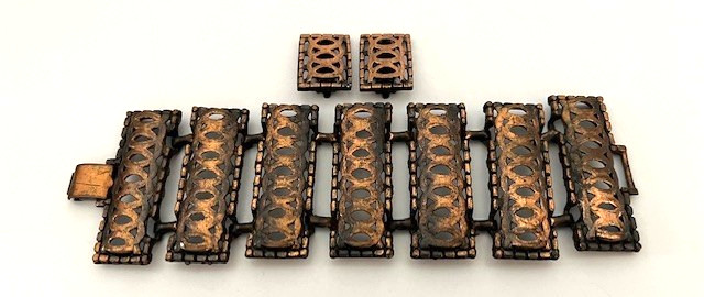 Vintage Brutalist Copper-Tone Link Bracelet and Earring Set