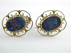 Antique ARA Art Deco 9k Yellow Gold Opal Doublet Screwback Earrings 4.3g .75 In