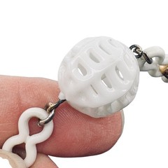 Vintage White Milk Glass & Acrylic Charm Necklace 30″ Drop Mid-Century Statement
