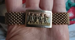 Antique *Damaged* Brass Mesh Link Bracelet Rectangle Clasp People Scene 7″