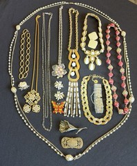 Vintage 1960’s Rhinestone & Faux Pearl Gold Silver Tone Designer Costume Jewelry
