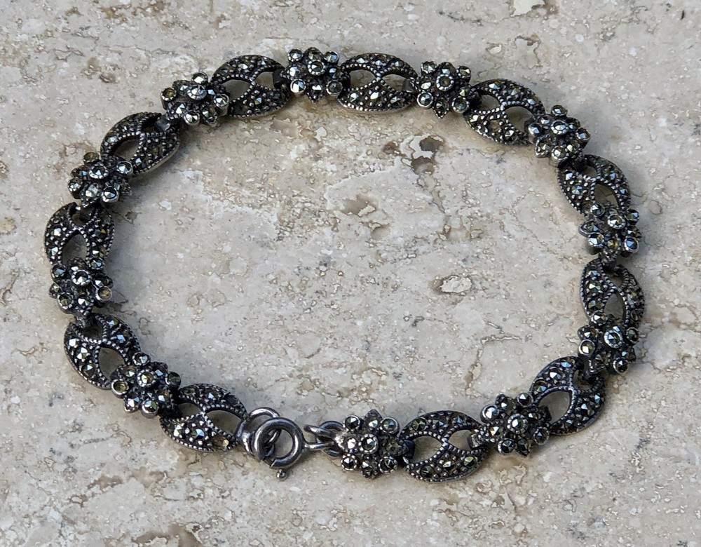 ✨VINTAGE Sterling Silver MARCASITE Floral 🌺Tennis Bracelet 🌟ESTATE Jewelry🌟