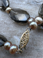 Vintage Faceted Smoky Quartz Topaz Beaded Necklace w/ Filigree 14K Gold Clasp