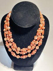 HONG KONG VINTAGE PINK ROSE PEARL BEAD TRIPLE STRAND CHOKER 14″ NECKLACE EUC