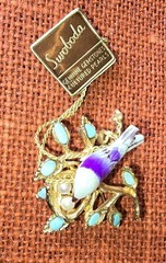 Vintage MINT Swoboda Bird On Nest Brooch W/Eggs Turquoise and Pearls Pin NOS Tag