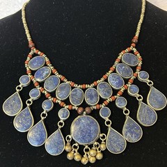 Vintage Ethnic Necklace Lapis Lazuli Drop Statement Collar Red Boho Tribal 19″