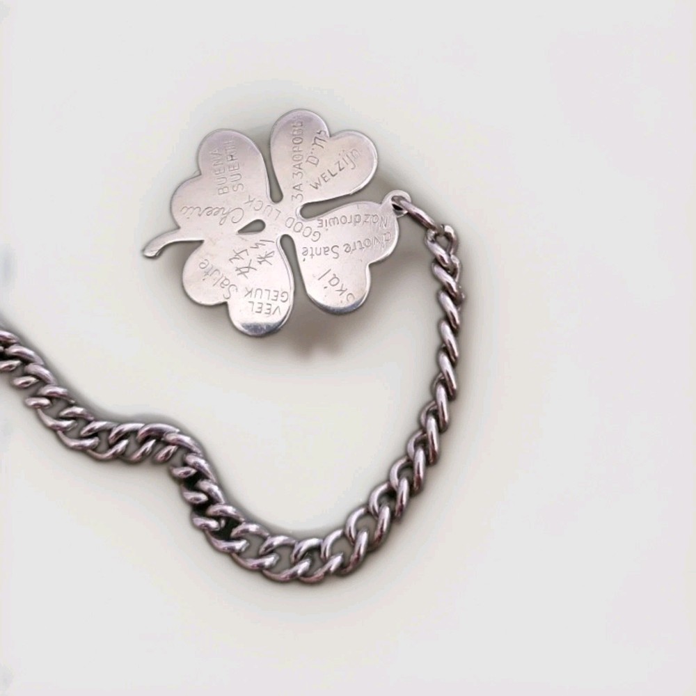 Vintage “Good Luck” 8 Plus Language Charm Bracelet Silver Tone Four Leaf Clover