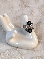 Vintage Silver Tone Adjustable Ring Clear Crystals Black Faceted Round Beads 7″