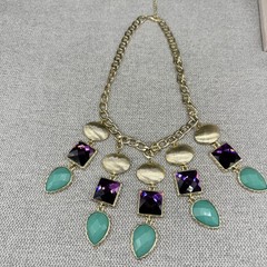 Vintage Statement Bib Necklace Aqua Purple Gold Tone Acrylic Dangles 17 Inches