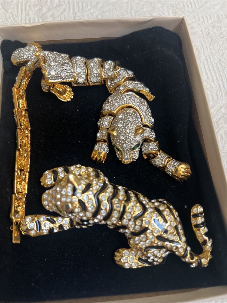 Vintage Articulated Bracelet & Broach Green Eyed Tiger 8″ w/ Rhinestones #JC9